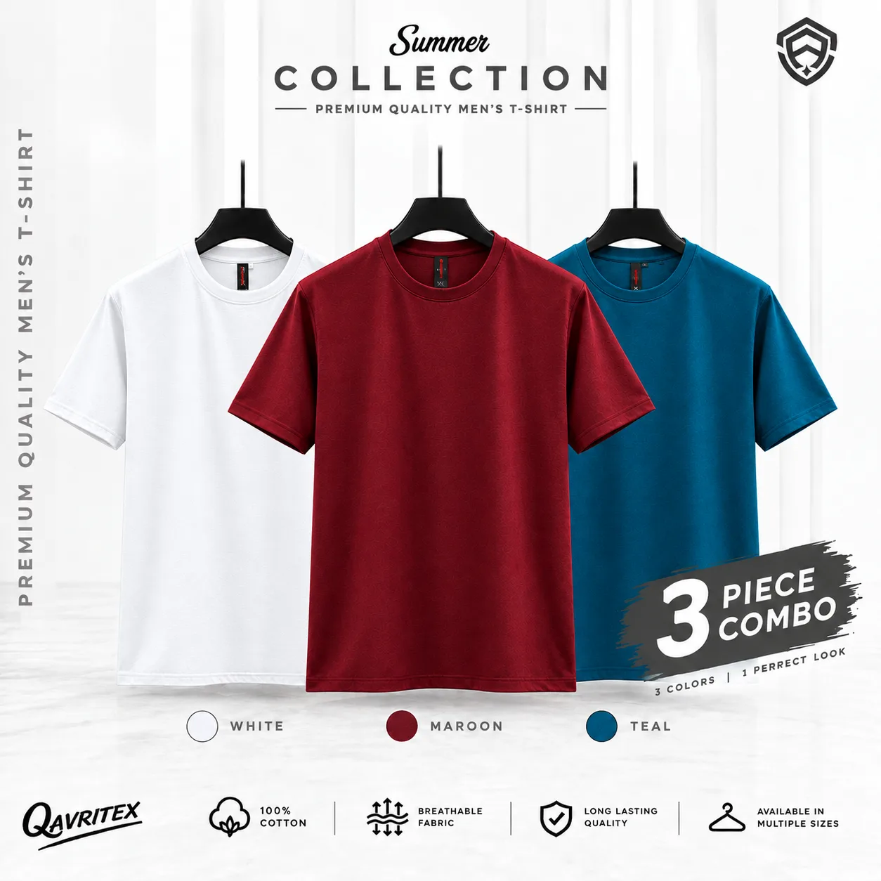 Premium Basic T-Shirt - Maroon, Petrol Blue & White Color