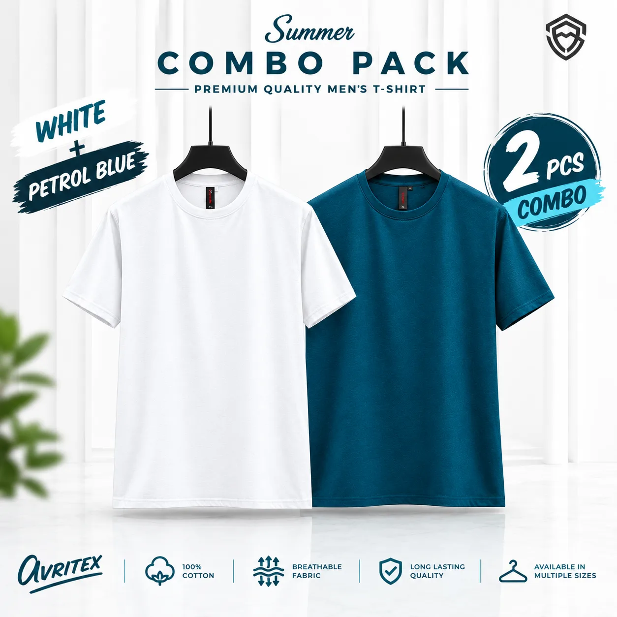 Premium Basic T-Shirt - Petrol Blue & White Color