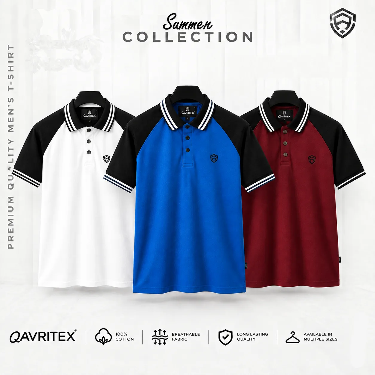 Premium Raglan Polo Shirt - Maroon, Blue & White Color