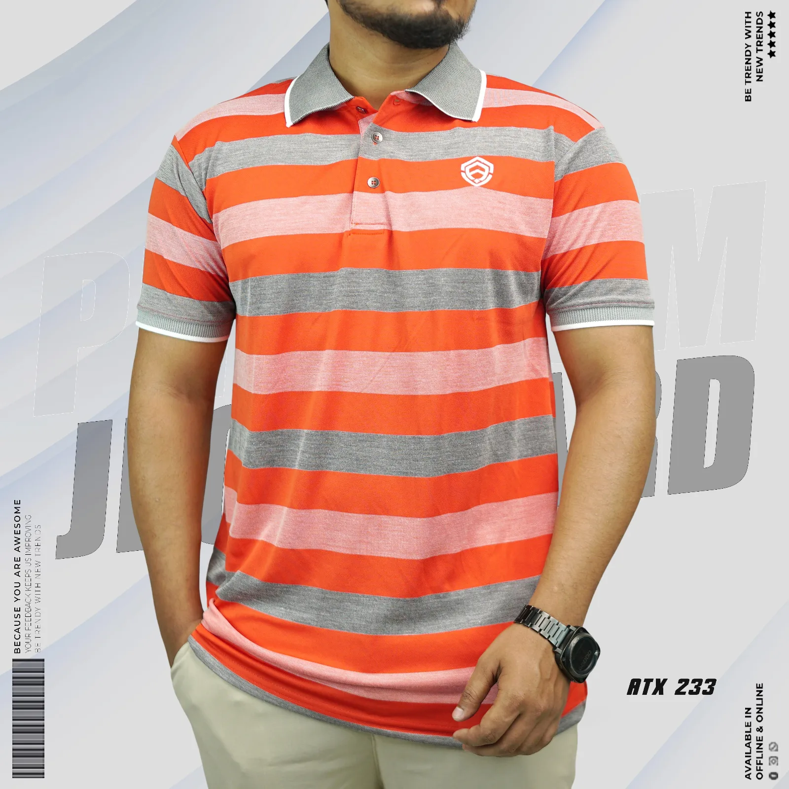 Premium Orange Color  Striped Polo Shirt