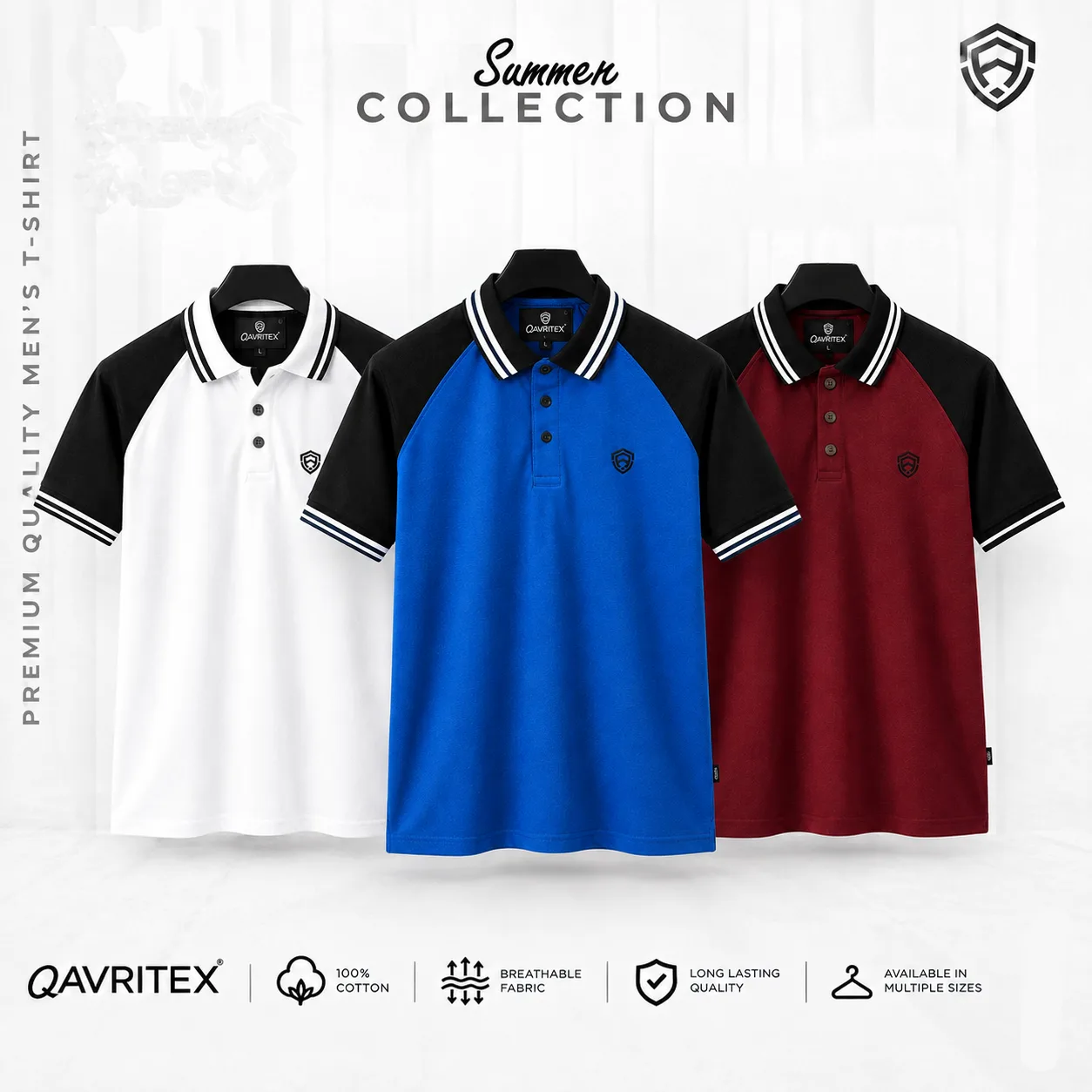 Premium Raglan Polo Shirt - Maroon, Blue & White Color