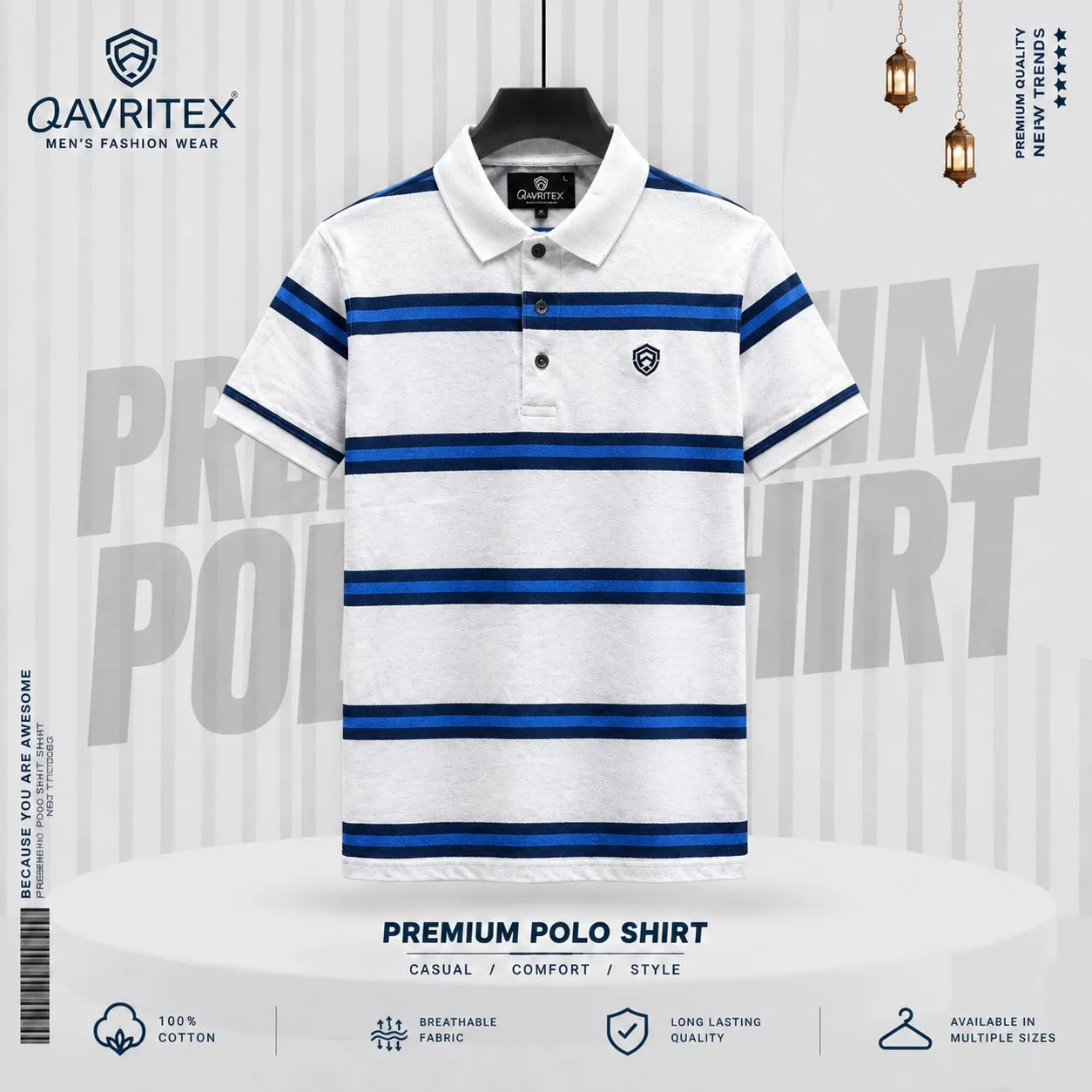 Premium Quality Casual Striped Polo Shirt - White &  Black Color