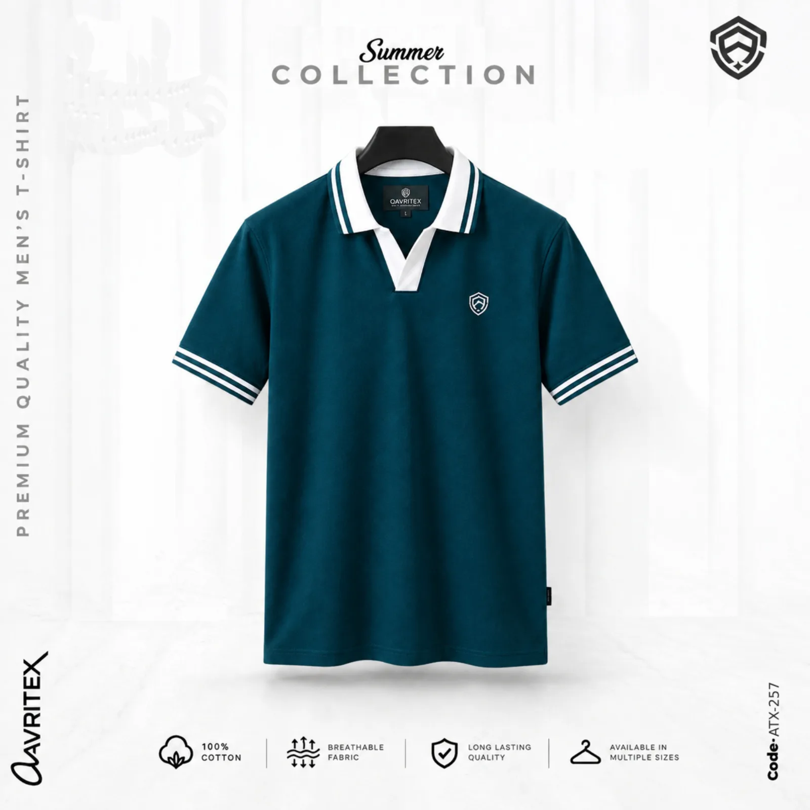 Premium V-Neck Polo Shirt - Petrol Blue Color