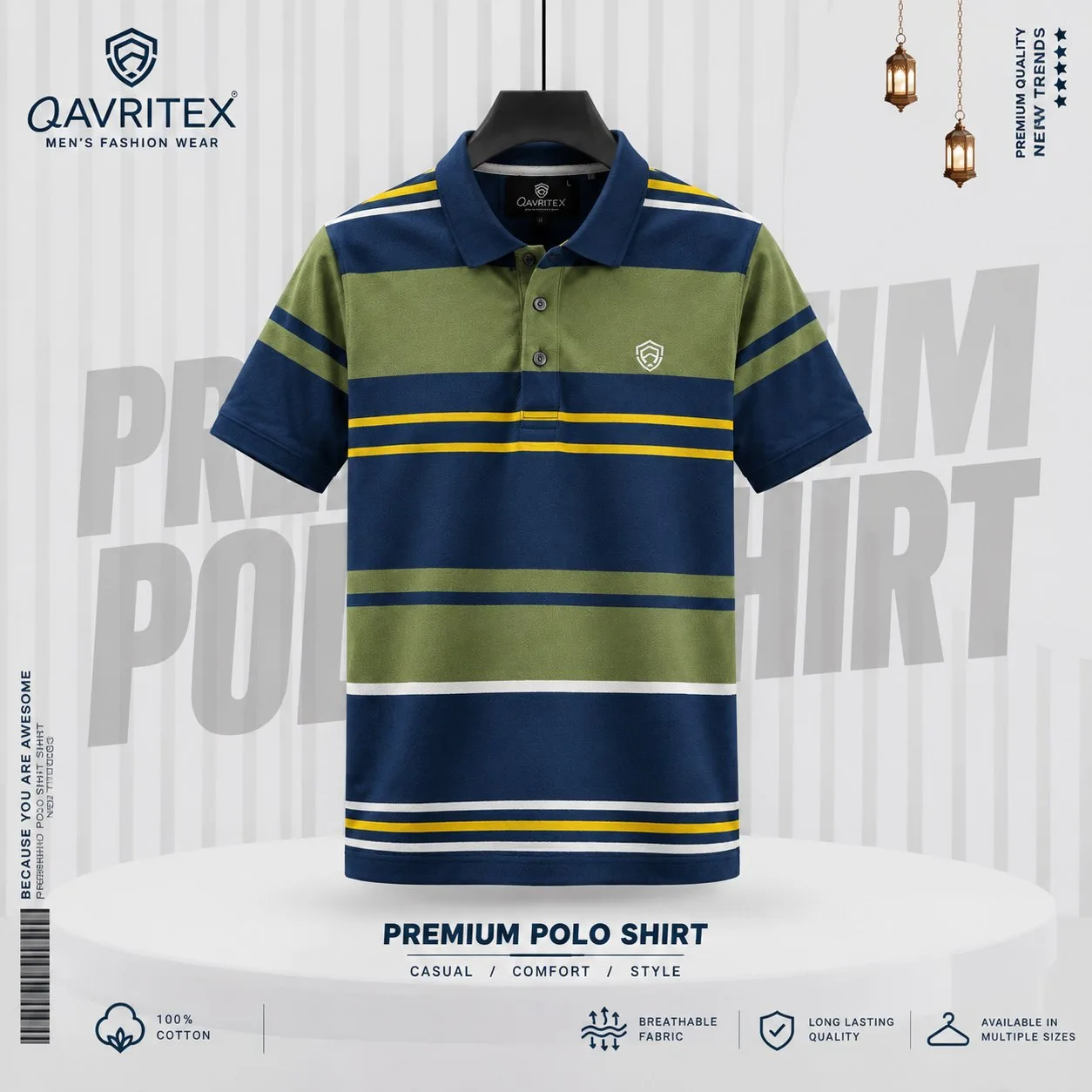 Premium Quality Casual Striped Polo Shirt - Green & Navy Color