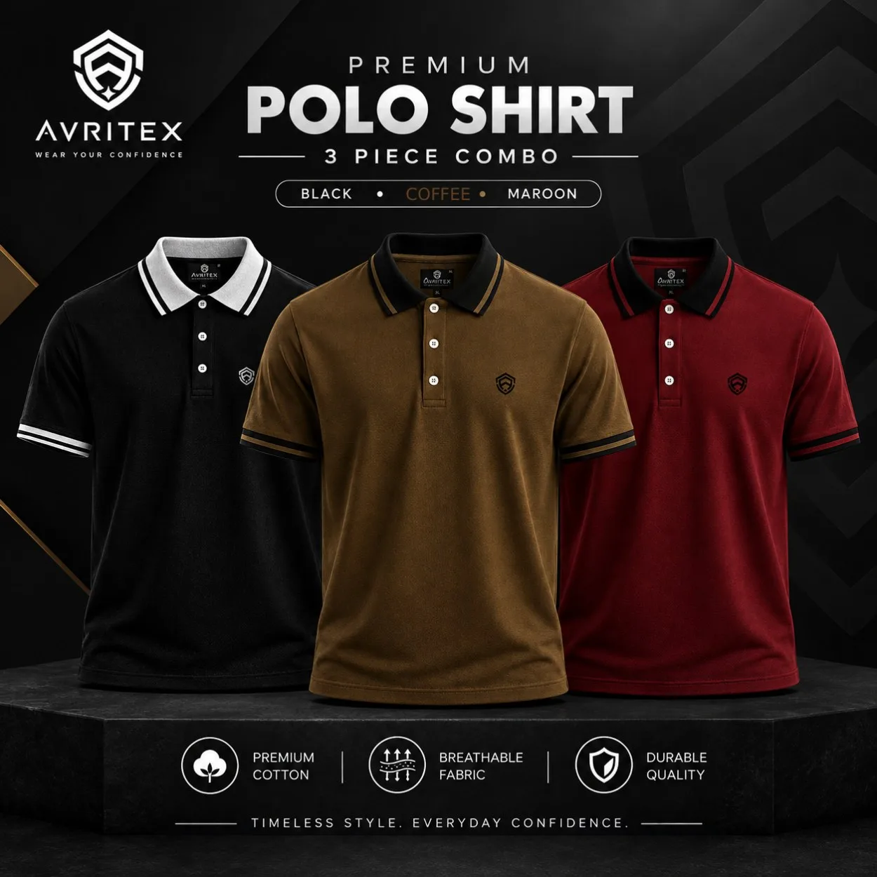 Premium Basic Polo Shirt Coffee, Maroon & Black Color