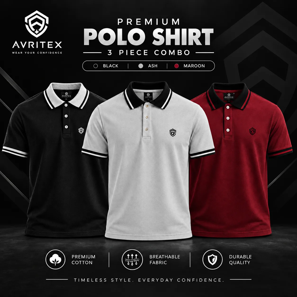 Premium Basic Polo Shirt Ash, Maroon & Black Color