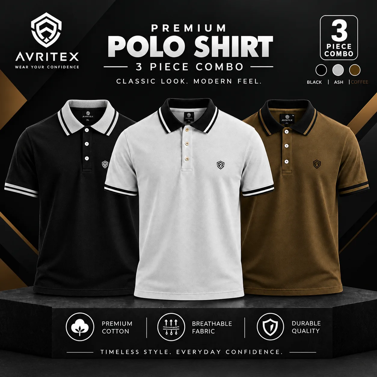 Premium Basic Polo Shirt Ash, Coffee & Black Color