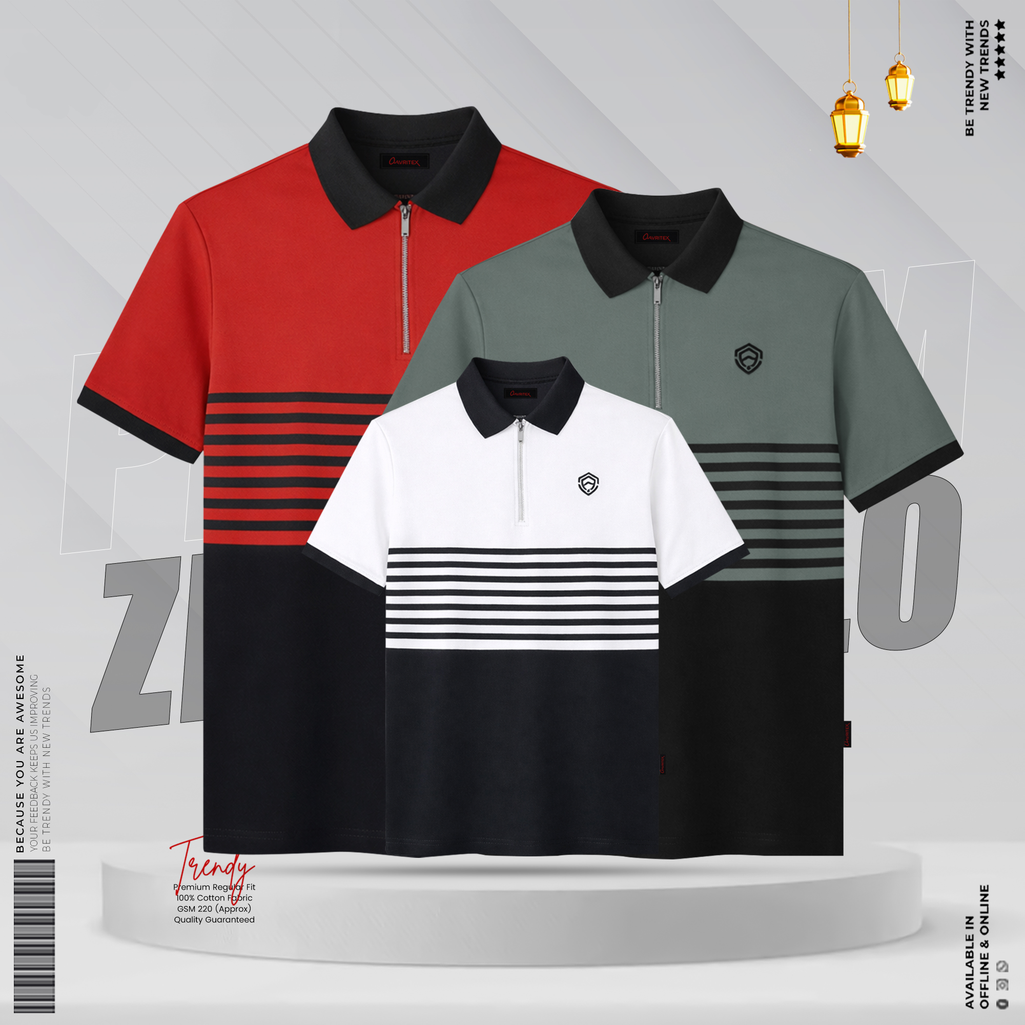 ATX-224,225,226 Premium Quality Half Zipper Contrast Polo Shirt Combo - Image 1
