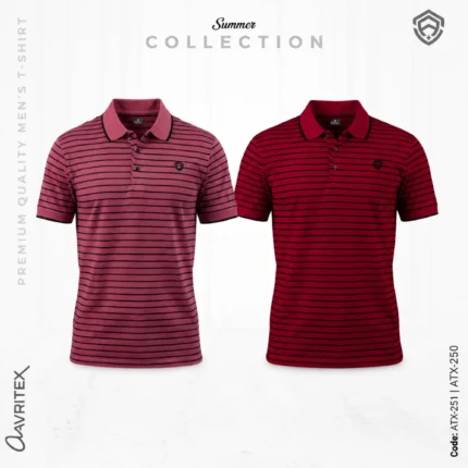 Premium Quality Casual Maroon & Light Red Striped Polo Shirt