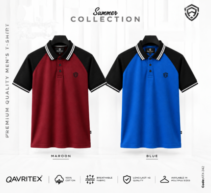 Premium Raglan Jacquard Polo Shirt - Maroon & Blue Color