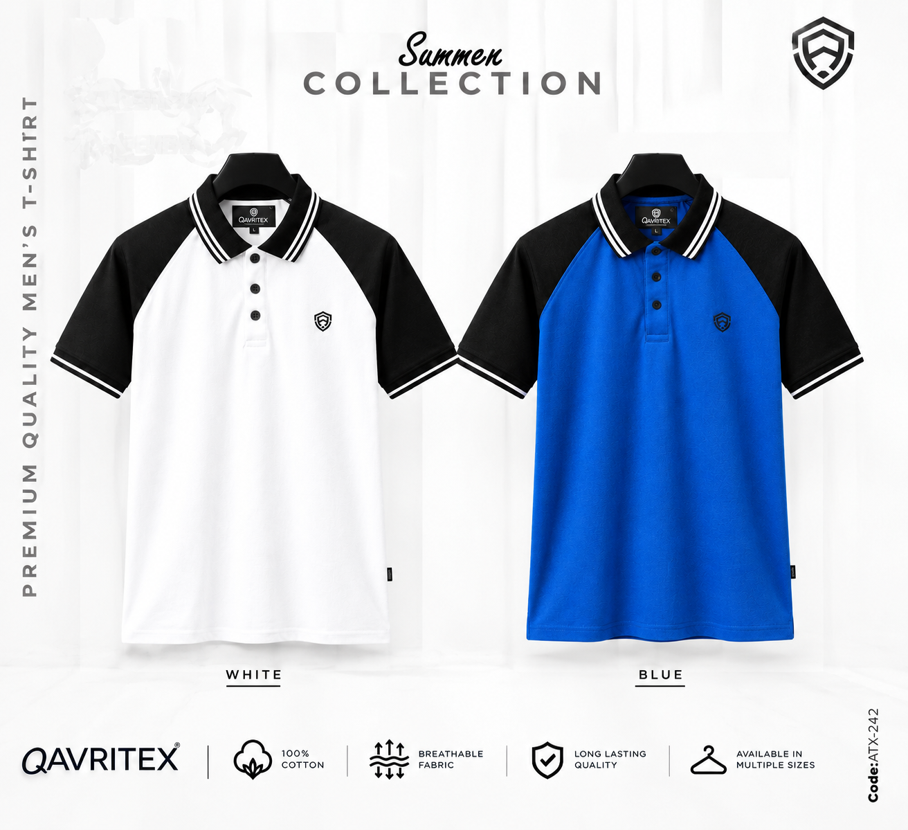 ATX-153154.png Premium Raglan Jacquard Polo Shirt - White & Blue Color - Image 1