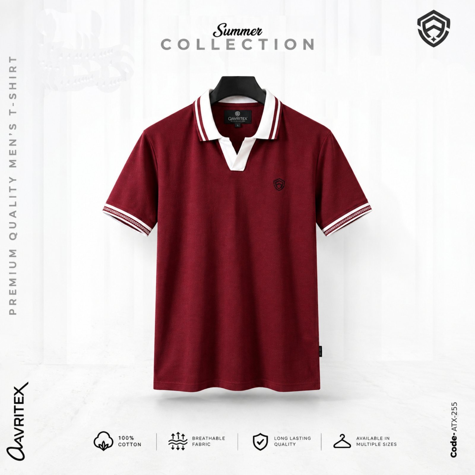 ATX-255.jpg Premium V-Neck Polo Shirt - Maroon Color - Image 1