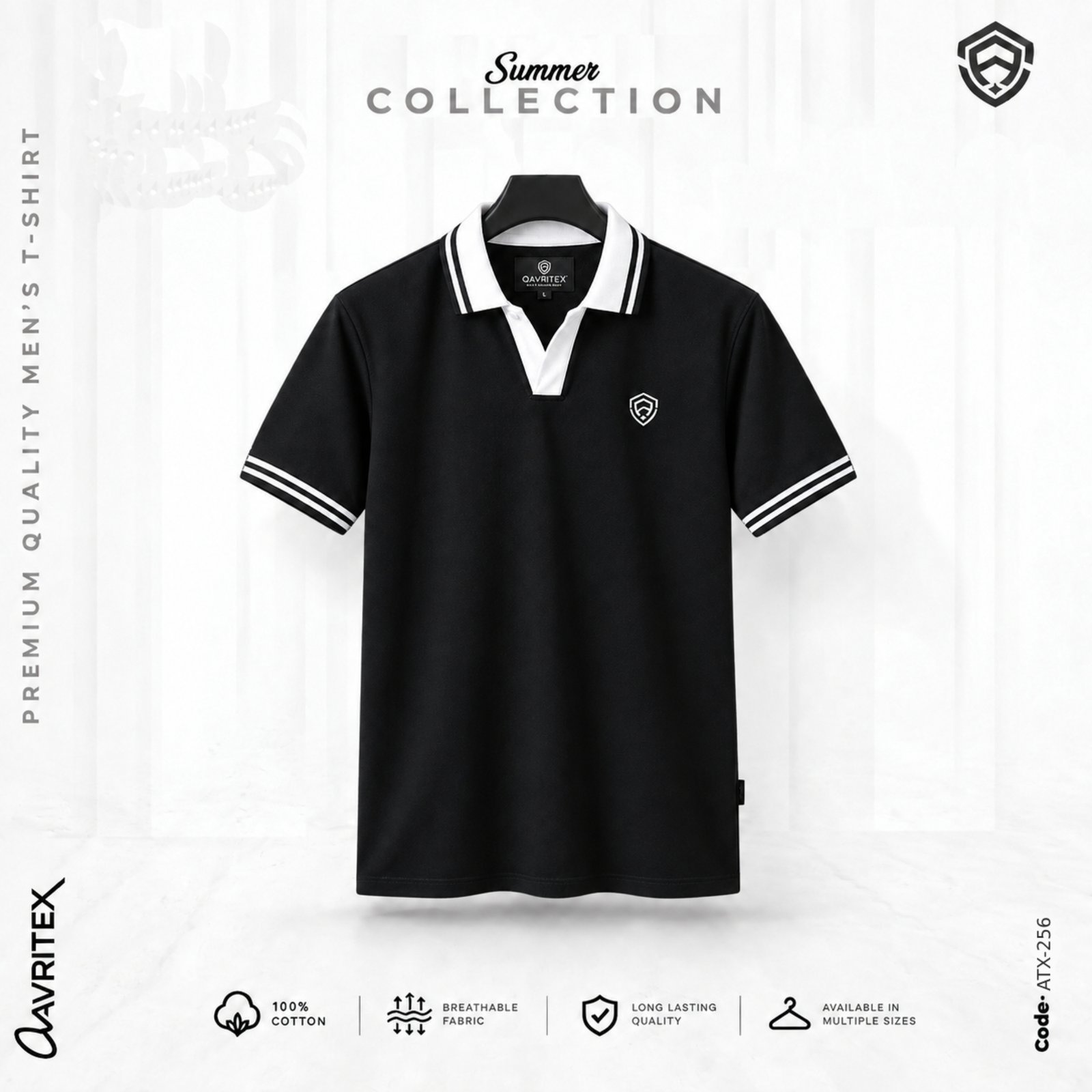 ATX-256.jpg Premium V-Neck Polo Shirt - Black Color - Image 1