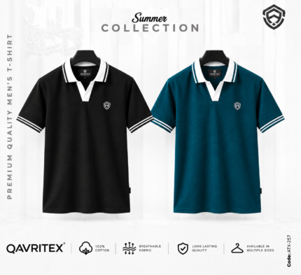 Premium V-Neck Polo Shirt - Petrol Blue & Black Color