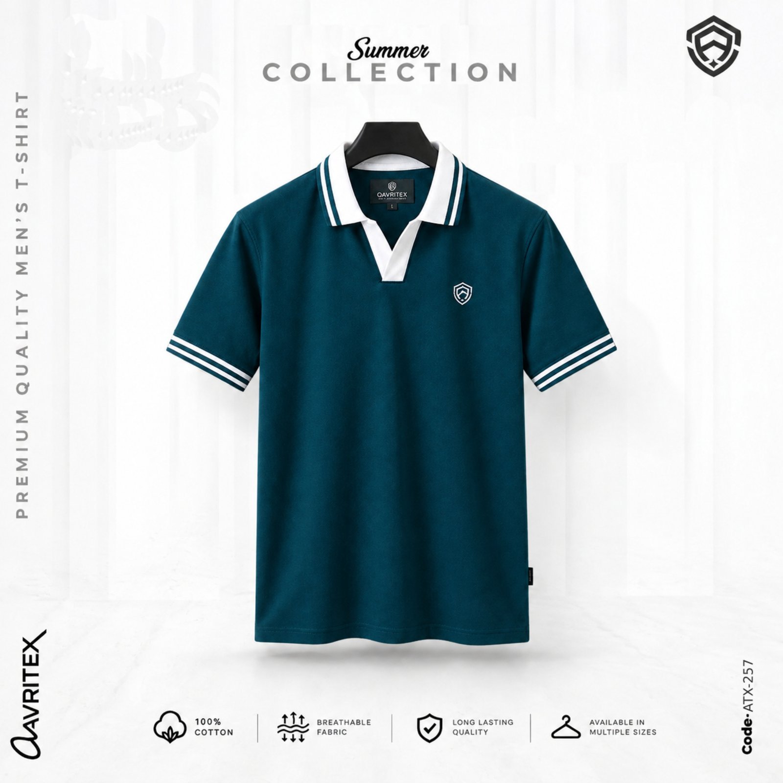 ATX-257.jpg Premium V-Neck Polo Shirt - Petrol Blue Color - Image 1