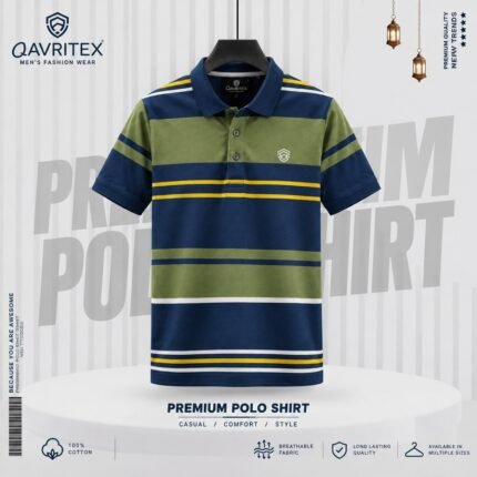 Premium Striped Polo Shirt - Navy & Green Color