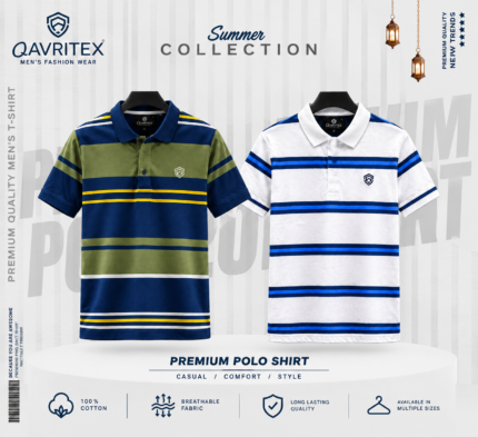 Premium Striped Polo Shirt - White & Navy Color Combo