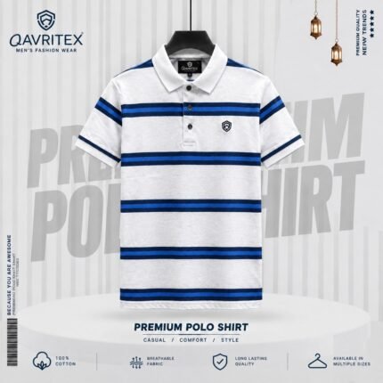 Premium Striped Polo Shirt - White & Blue Color