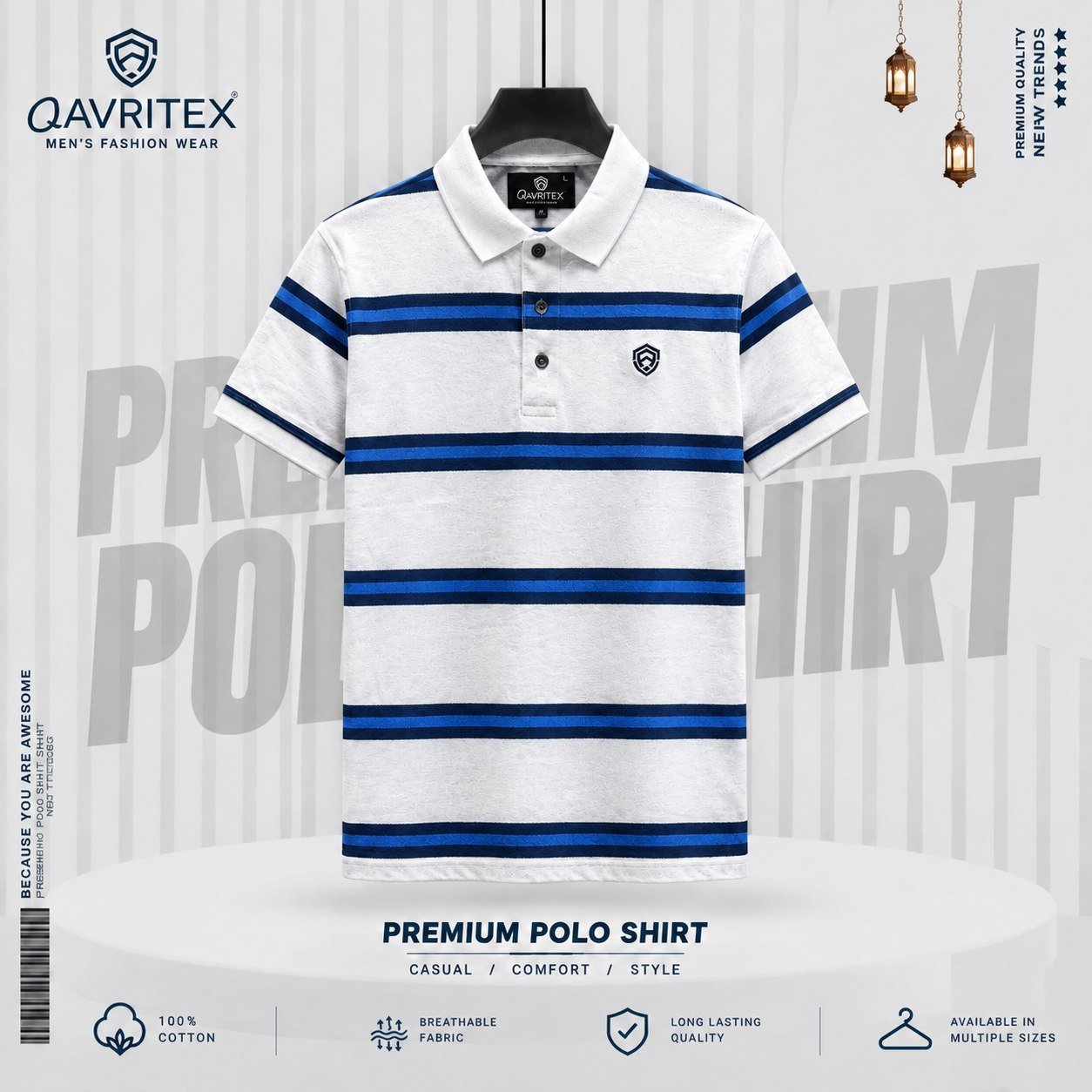 ATX-259.jpg Premium Striped Polo Shirt - White & Blue Color - Image 1